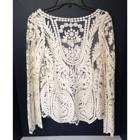 Crochet Lace Blouse M Cream Sheer Embroidered Boho Cottage Romantic Holiday Top - Picture 6 of 10